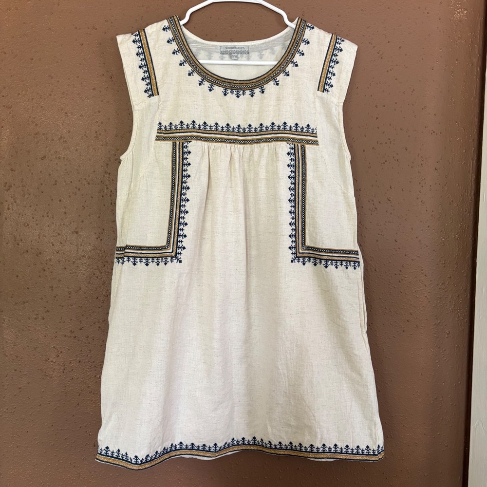 World Market Embroidered Cotton Linen Boho Shift Dress Cream Navy SM